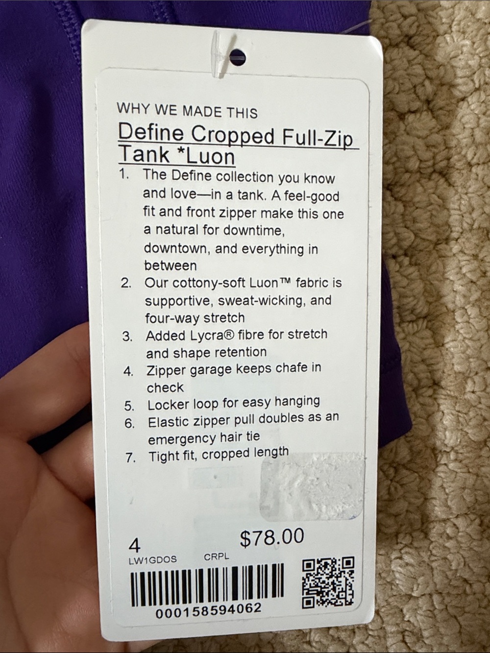lululemon athletica Define Cropped Full-Zip Tank - Purple - Picture 3 of 3